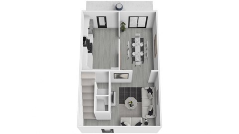A top down view of a small apartment with a kitchen, living room, and bathroom.